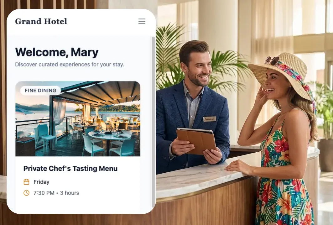 Nomi platform showing a curated hotel guest experience with a concierge helping a guest